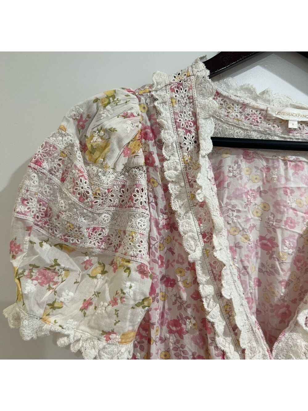 LoveShackFancy Belen Floral Eyelet Mini Dress | Size 8 Pink Yellow Floral - Picture 7 of 9